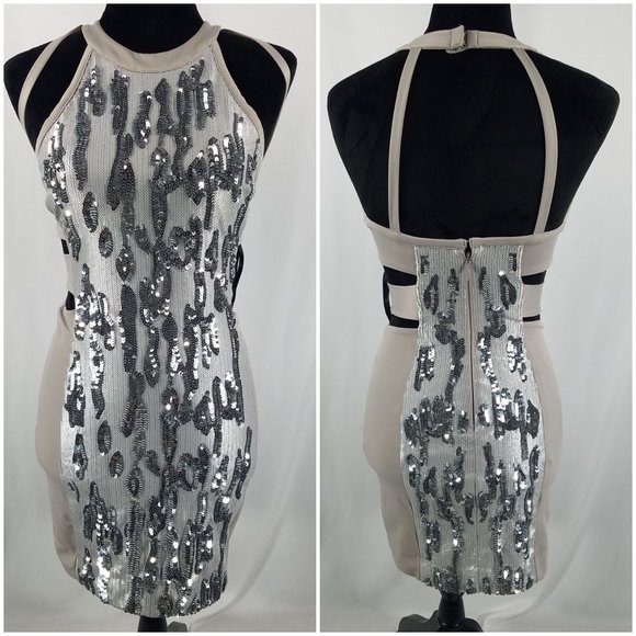 bebe Dresses & Skirts - BeBe dress silver bodycon mini with silver sequins XS
